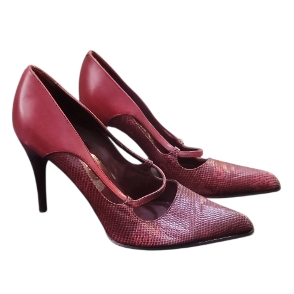 Tod's burgundy red Leather heels snakeskin pointed toe Shoes pumps 5.5 black - Picture 2 of 9
